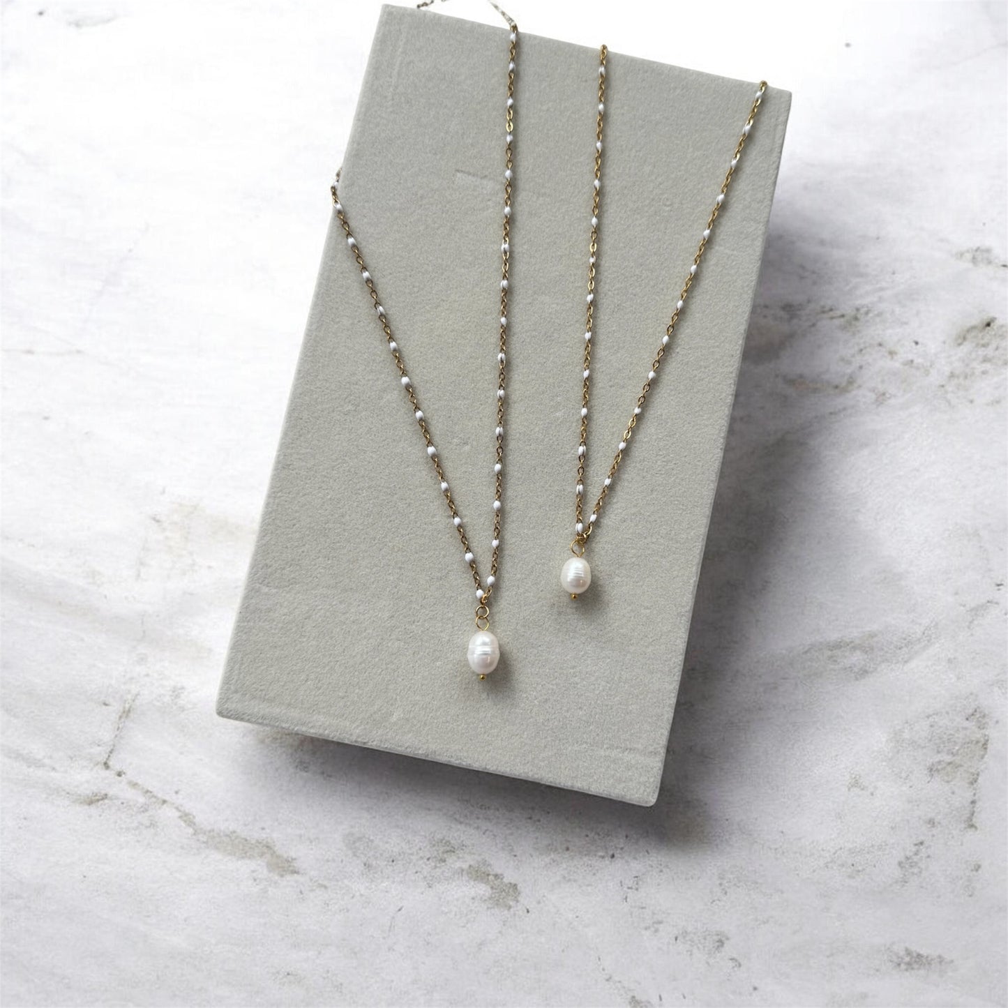 Pearl Gold & White Confetti Dainty Satellite Chain