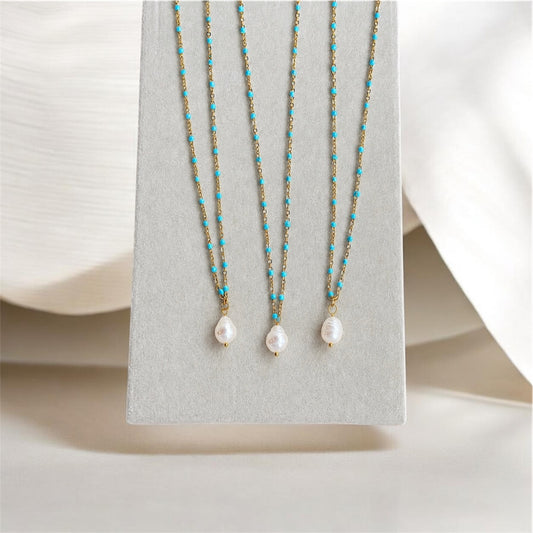 Gold & Turquoise Confetti Dainty Pearl Necklace